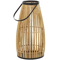 The Novogratz 20" Brown Wicker Handmade Slatted Frame Candle Lantern with Handle