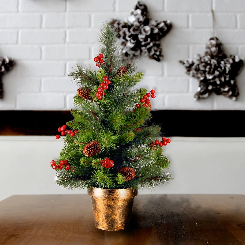 2ft. Unlit Silver Bristle, Pinecones, Red Berries & Glitter Crestwood Spruce Artificial Christmas Tree in Bronze Pot