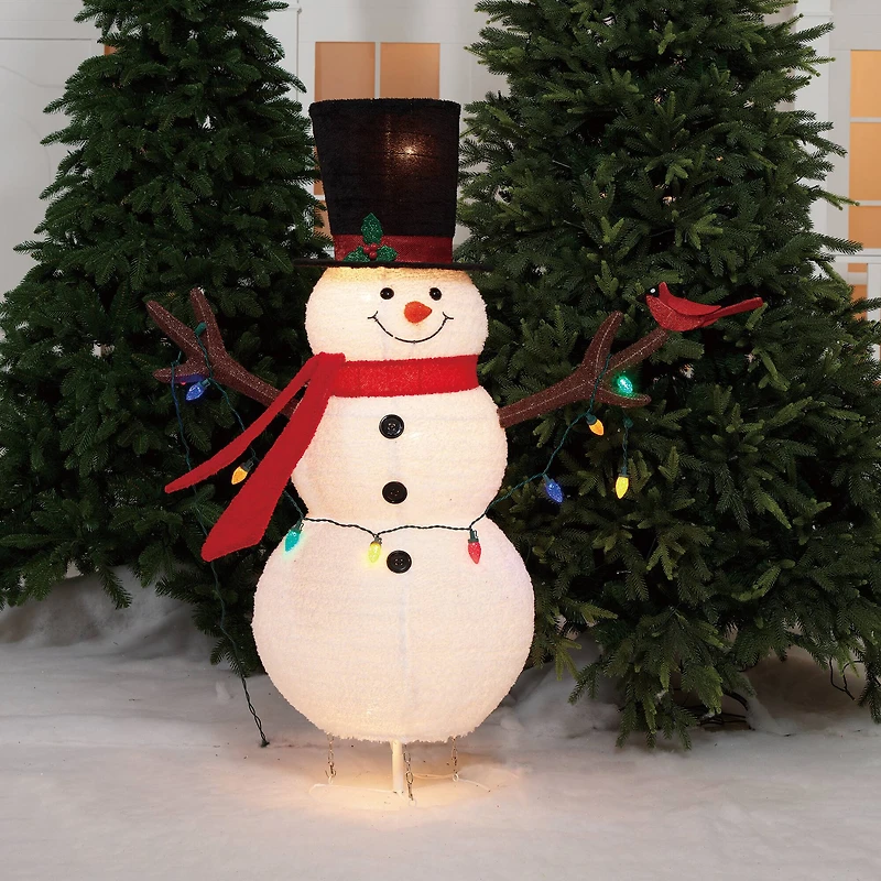 4ft. Pop-Up Fluffy Snowman Sculpture with String Lights
