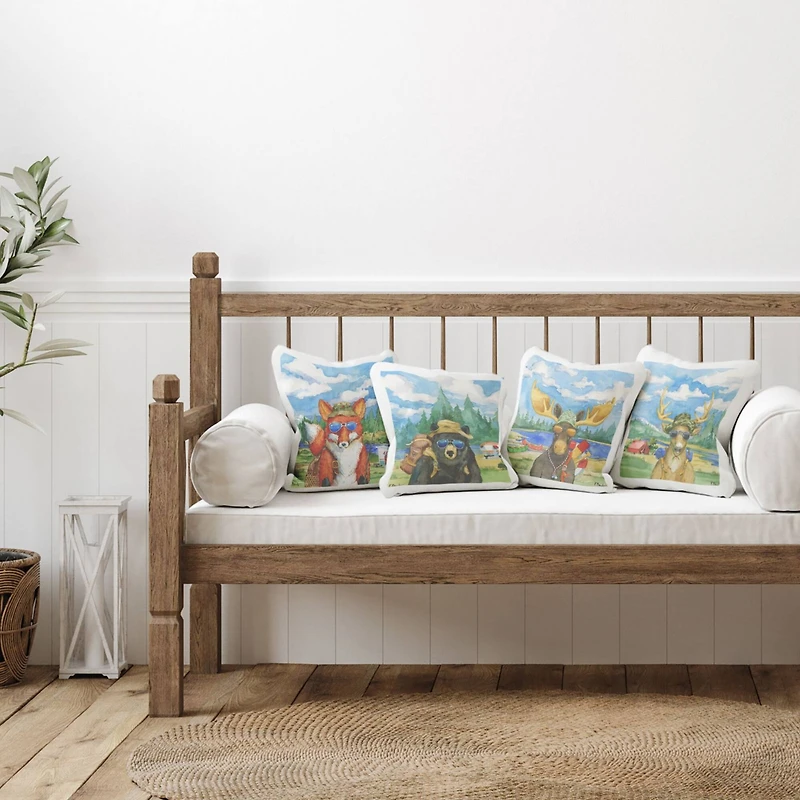 Stupell Industries Woodland Animals Camping Fishing Gear Nature Scene 4 Pillow Set, 18" x 18"
