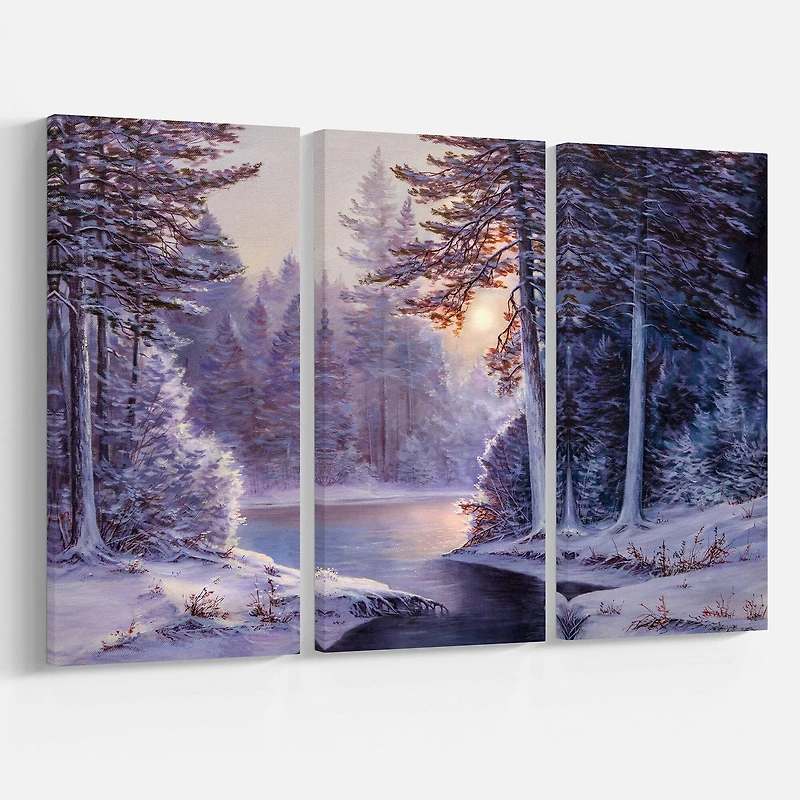 Designart - Winter Forest with the River in Frosty Day