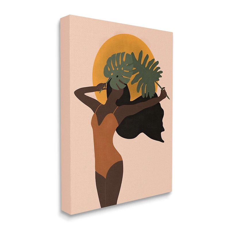 Stupell Industries Female Holding Tropical Monstera Leaf under Sun Canvas Wall Art