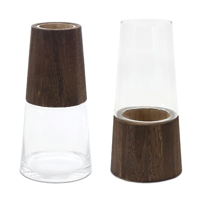 11" Tapered Glass & Wood Vase Set
