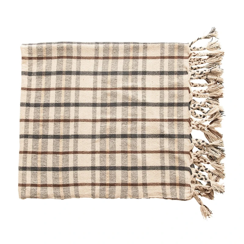 Hello Honey® Charcoal & Brown Woven Recycled Cotton Blend Plaid Throw with Tassels