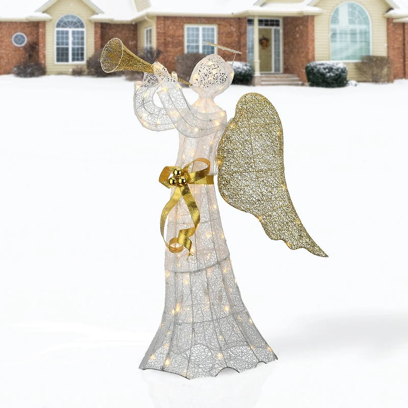 51" Pre-Lit LED Gold & White Trumpeting Angel