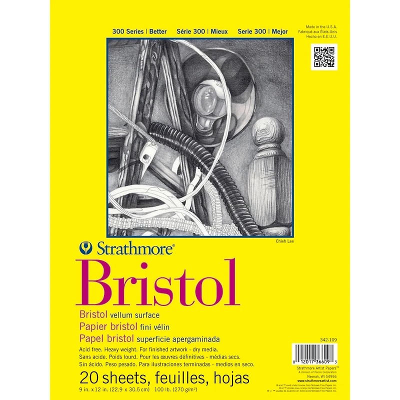 Strathmore Bristol Paper Pad, 300 Series, Tape-Bound, 20 Sheets, Vellum, 9" x 12"