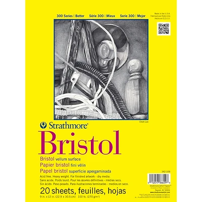 Strathmore Bristol Paper Pad, 300 Series, Tape-Bound, 20 Sheets, Vellum, 9" x 12"
