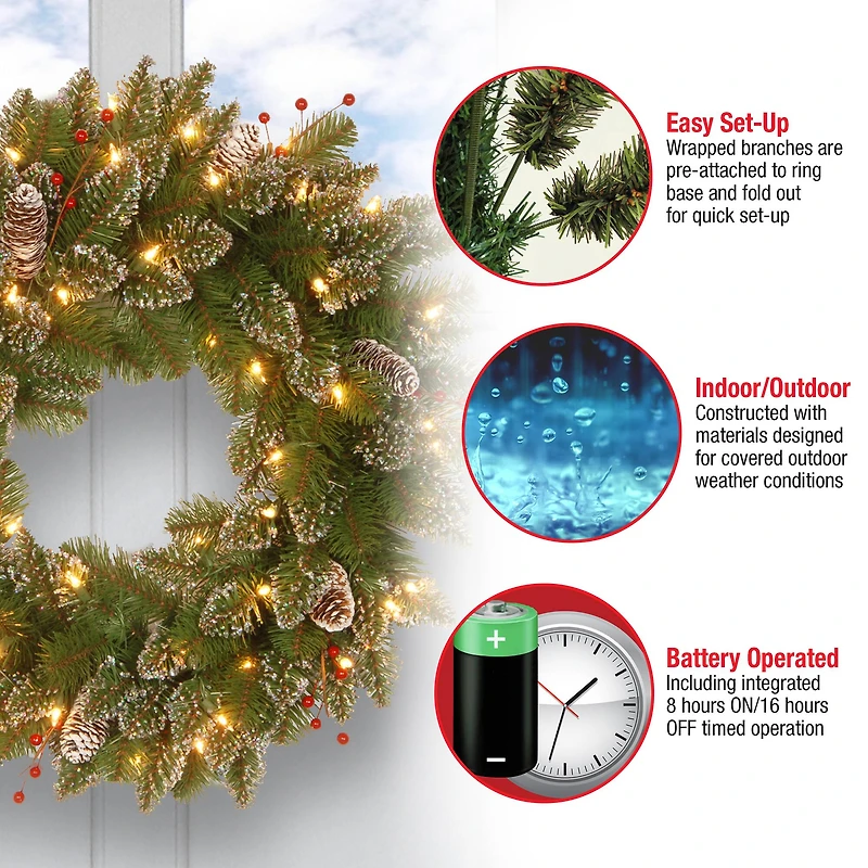 24" Glittery White Edged Cones & Red Berries Mountain Spruce Wreath With Warm White LED Lights