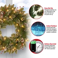 24" Glittery White Edged Cones & Red Berries Mountain Spruce Wreath With Warm White LED Lights