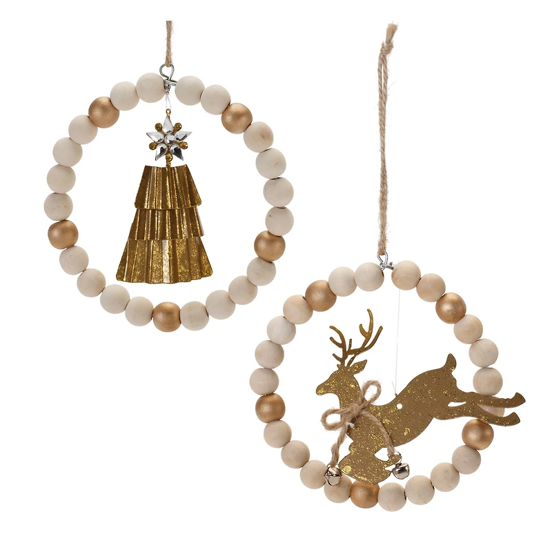 5.5" Beaded Wood Tree & Deer Ornaments Set