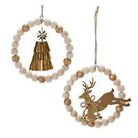 5.5" Beaded Wood Tree & Deer Ornaments Set