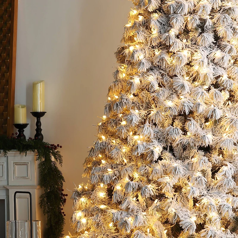 Glitzhome® 9ft Pre-Lit Flocked Full Spruce Artificial Christmas Tree, Warm White LED Lights