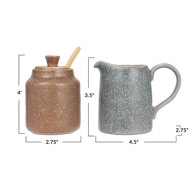 Hello Honey® Gray & Brown Stoneware Creamer & Sugar Pot Set with Bamboo Spoon