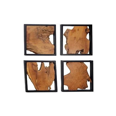 Set of 4 Brown Teak Wood Rustic Abstract Wall Decor, 18" x 18"
