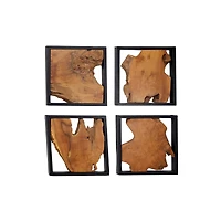 Set of 4 Brown Teak Wood Rustic Abstract Wall Decor, 18" x 18"