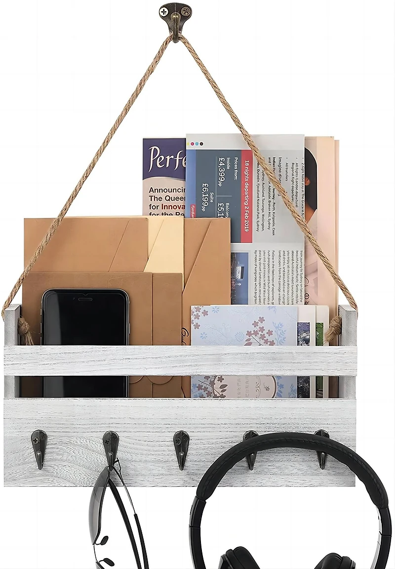 NEX™ Gray-Whitewash Hanging Wall-Mounted Mail Organizer with 5 Hooks