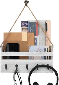NEX™ Gray-Whitewash Hanging Wall-Mounted Mail Organizer with 5 Hooks