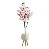 5ft. Cherry Blossom Artificial Tree in White Planter with Stand