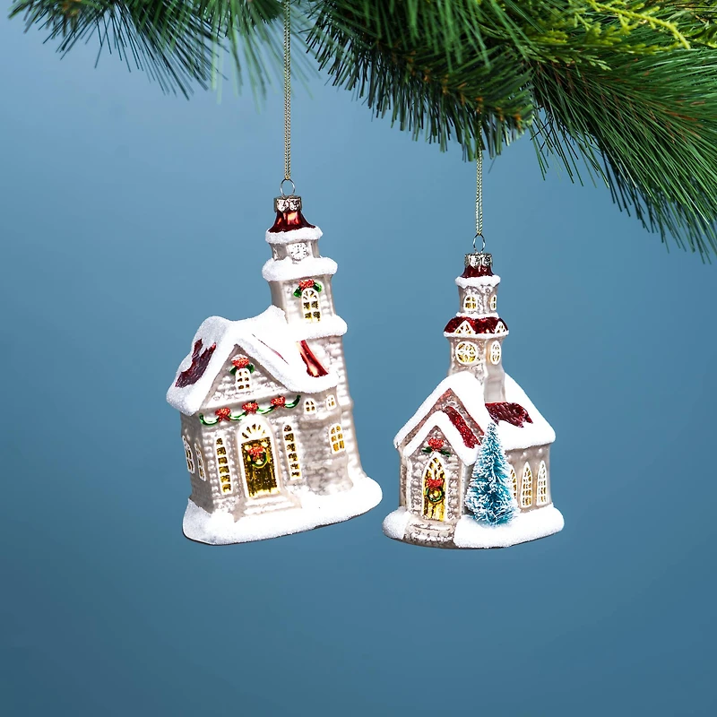 6ct. Glittered Glass Church Ornaments