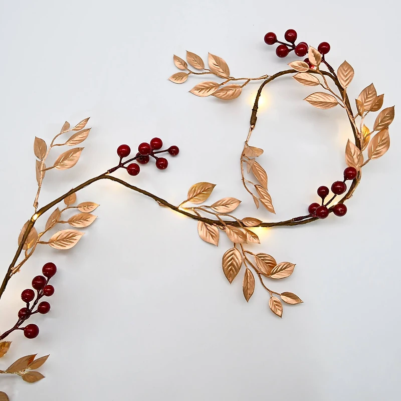 18ct. Warm White LED Red Berry & Gold Leaf Garland String Lights on Brown Wire by Ashland®