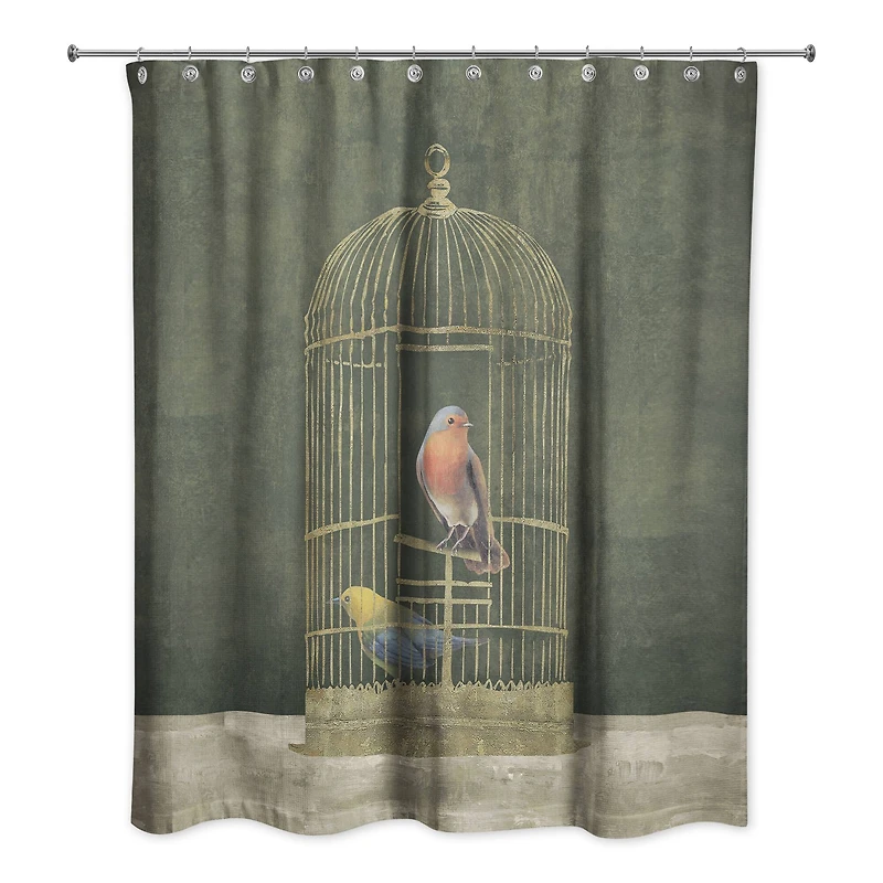 Gold Birdcage with Birds on Green 71" x 74" Shower Curtain