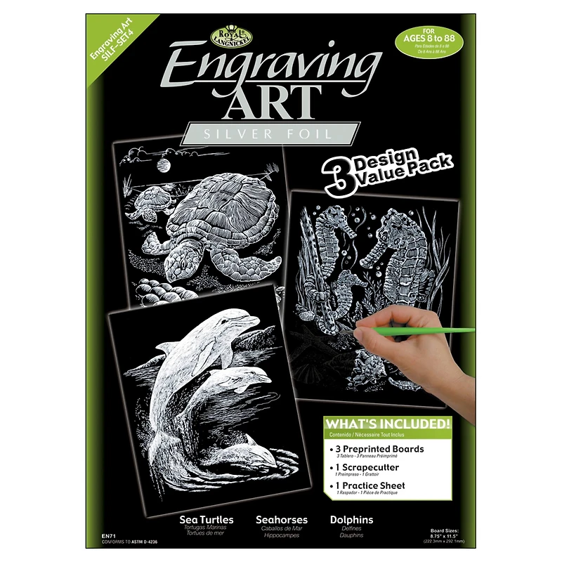 Royal & Langnickel® Engraving Art™ Turtle, Sea Horse & Dolphins Silver Foil Value Pack Kit
