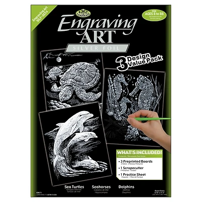Royal & Langnickel® Engraving Art™ Turtle, Sea Horse & Dolphins Silver Foil Value Pack Kit