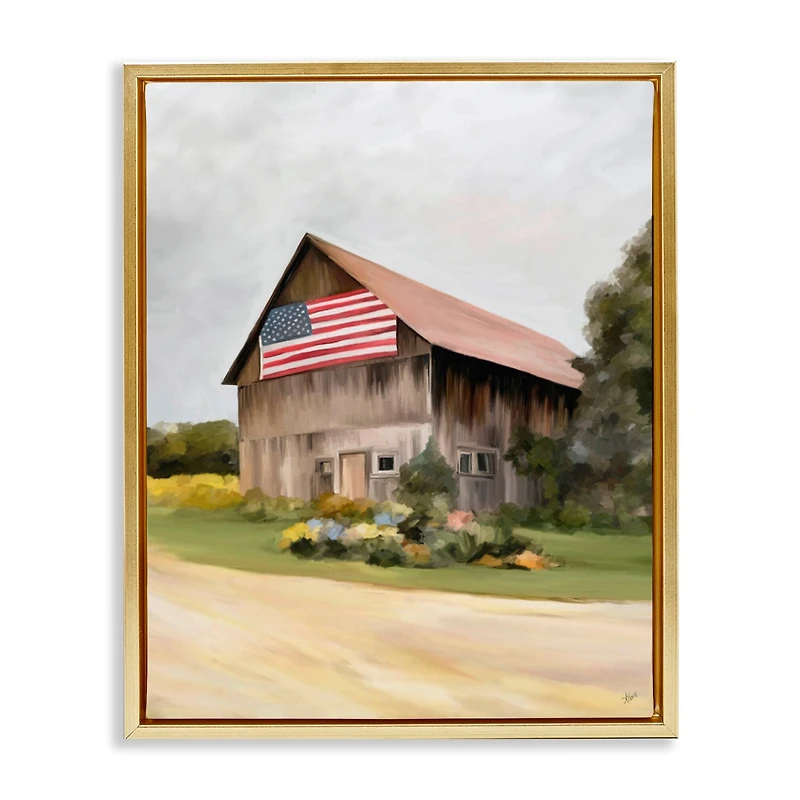 Stupell Industries Rural Americana Home Countryside Farm Flag Painting Floater Framed Art