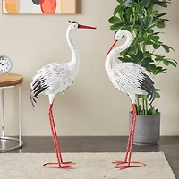Tall White Textured Metal Crane Garden Sculpture Set