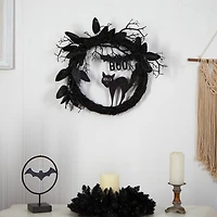 22" Halloween Black Cat & Bat Boo Twig Wreath