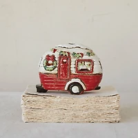 Hello Honey® 7.25" Red, Cream & Green Hand-Painted Stoneware Camper with LED Lights & Reactive Glaze