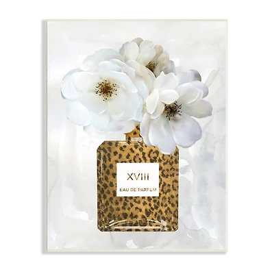 Stupell Industries Leopard Print Perfume Bottle Glam White Spring Florals Wall Plaque