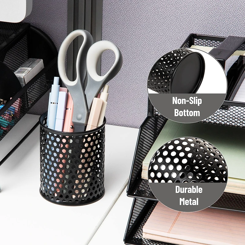 Mind Reader Metal Pen Cups, Mesh Pencil Holders, Desktop Organizer Set, Metal, Set of 3, Black