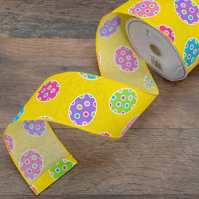 2.5" x 10yd. Yellow Easter Egg Design Wired Spring Craft Ribbon