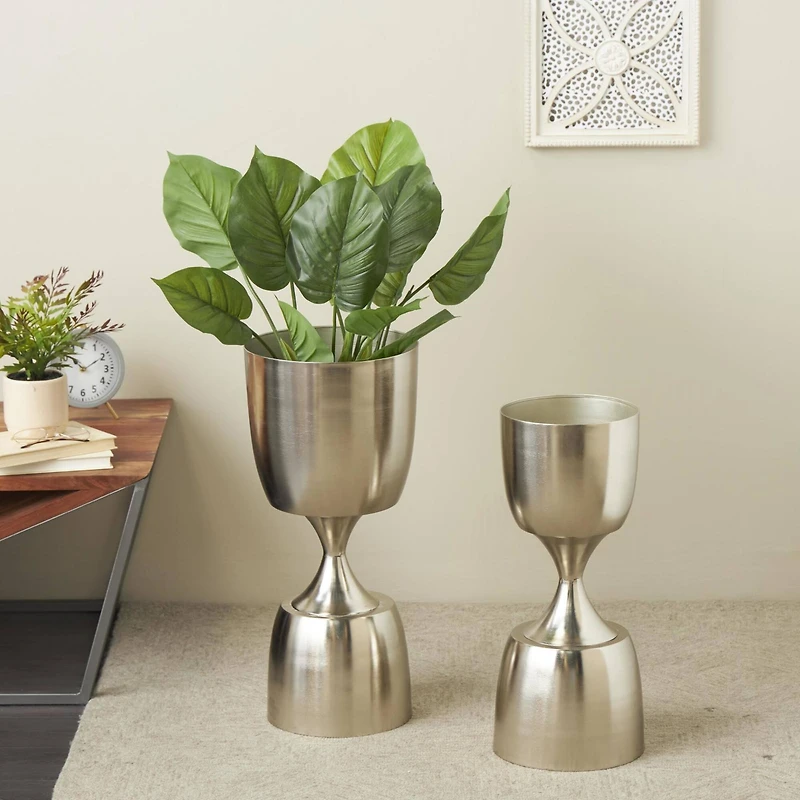 Silver Hourglass Shaped Metal Planter Set with Elevated Base
