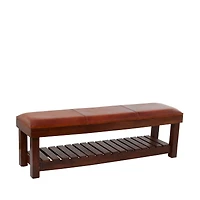 61" Brown Leather Bench with Slatted Lower Shelf