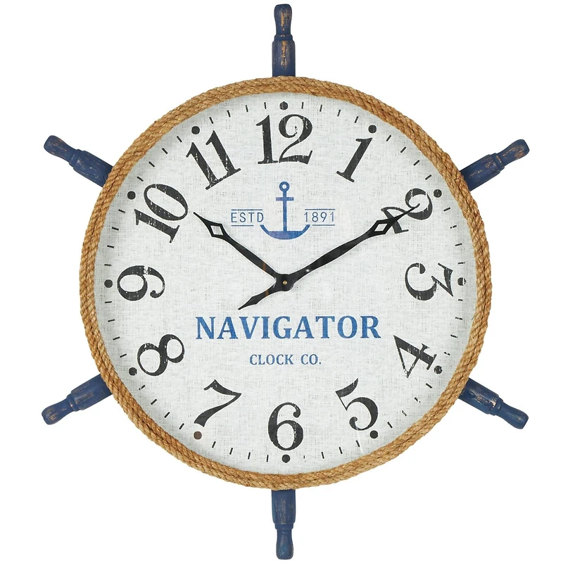 33" White & Blue Wood & Rope Ship Wheel Decorative Wall Clock
