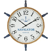 33" White & Blue Wood & Rope Ship Wheel Decorative Wall Clock