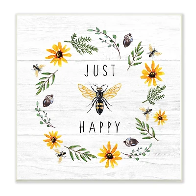 Stupell Industries Just Bee Happy Pun Phrase Yellow Daisy Wreath, 12" x 12"