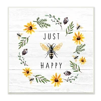 Stupell Industries Just Bee Happy Pun Phrase Yellow Daisy Wreath, 12" x 12"