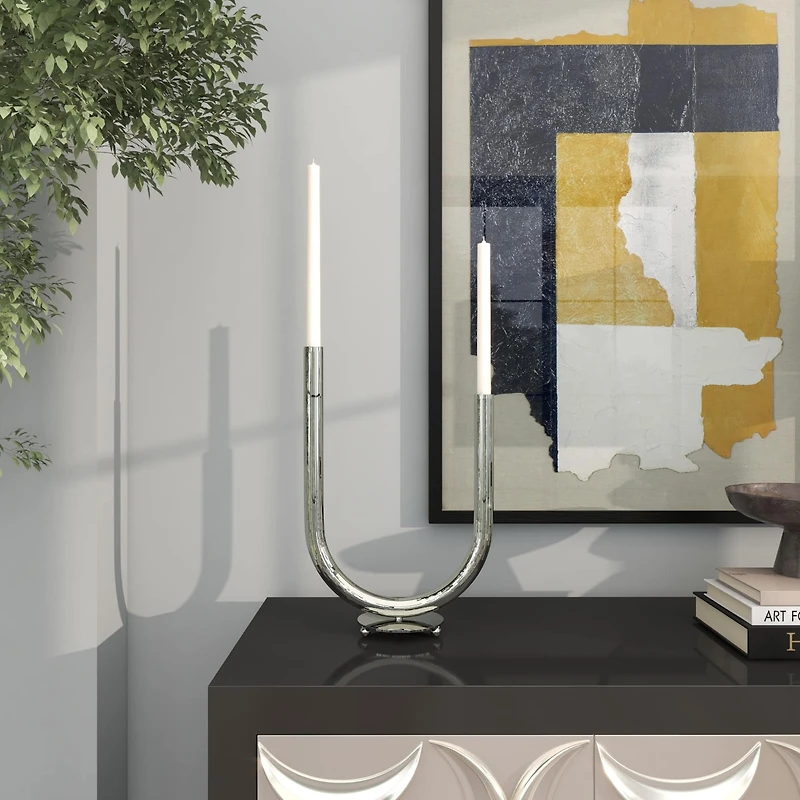 The Novogratz 14" Silver Stainless Steel Abstract U-Shaped Candelabra