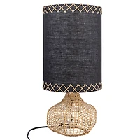 Hello Honey® 21.5" Natural and Black Boho Woven Cane Table Lamp with Linen Shade
