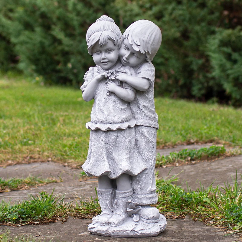 19.5" Gray Boy Hugging Girl Outdoor Garden Statue