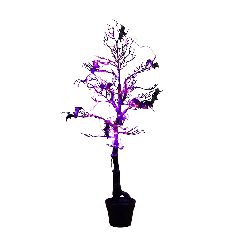 4ft. Pre-Lit Artificial Halloween Black Spooky Twig Tree with Bats and 120 Orange & Purple LED Lights
