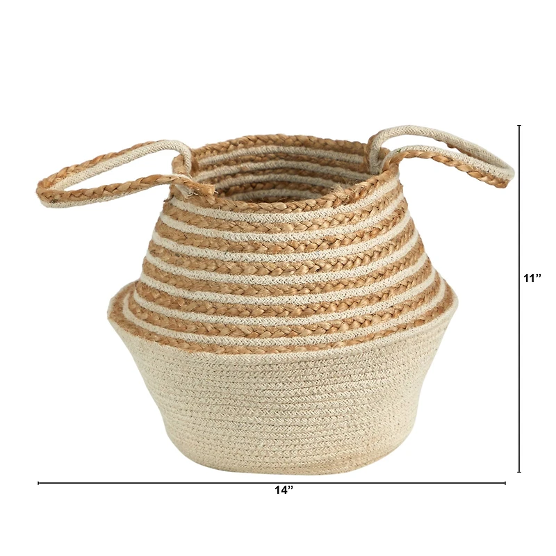 14'' Cream & Natural Cotton & Jute Boho Chic Belly Basket Planter