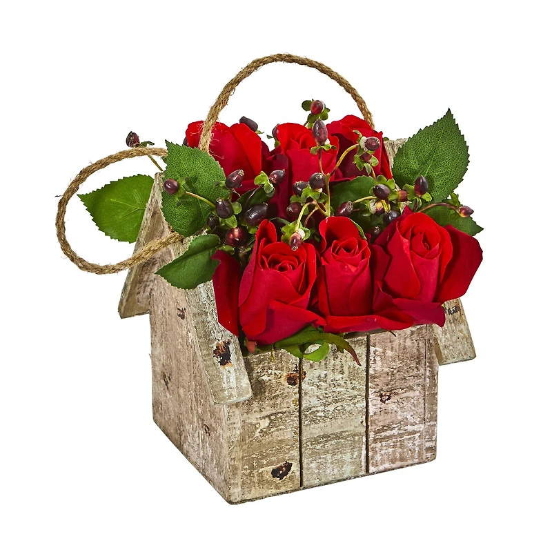 15" Elegant Red Rose Arrangement in Birdhouse Hanging Planter