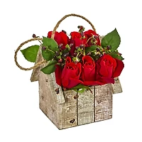 15" Elegant Red Rose Arrangement in Birdhouse Hanging Planter