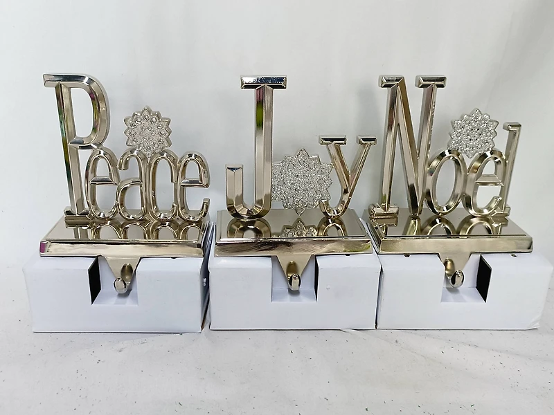 Peace  Joy and Noel Metal Christmas Stocking Holders - 6.5" - Set of 3