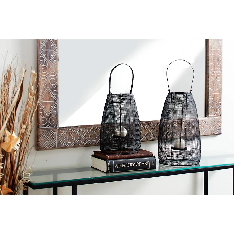 Black Iron Modern Candle Holder Lantern, 13" x 8" x 8"