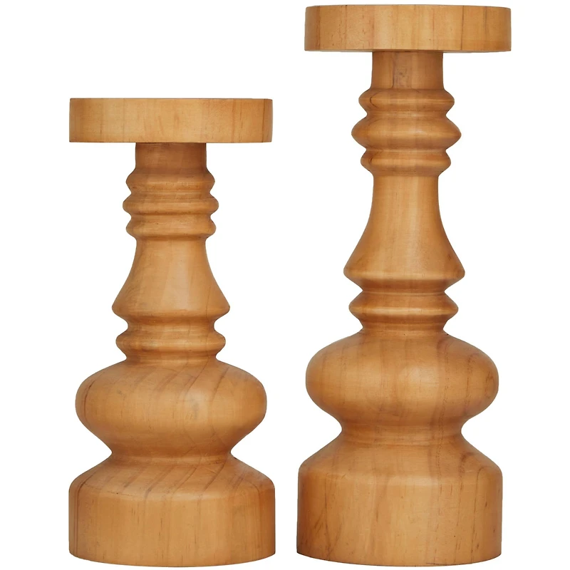 The Novogratz Brown Wood Round Turned Style Pillar Candle Holder Set